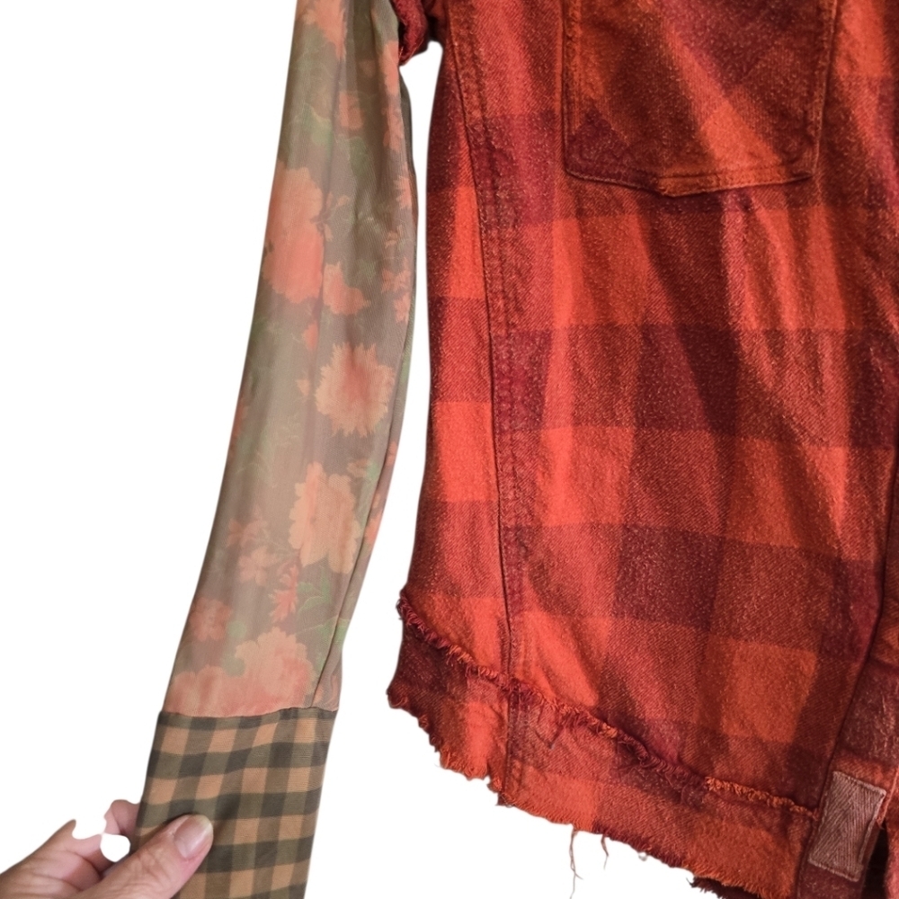 Free People Flower Fields Twofer Flannel Top Sheer Floral Sleeves Small Orange - Picture 6 of 11